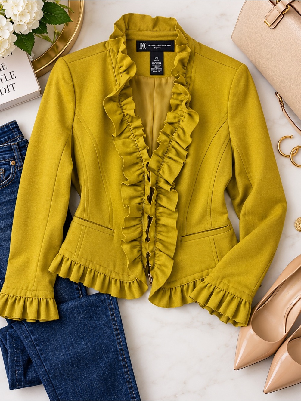 INC International Concepts Petite Ruffle Jacket Mustard Chartreuse Blazer PS